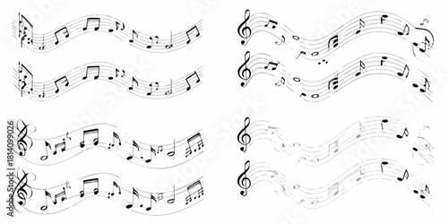 Wavy musical staffs with black and gray notes and treble clefs