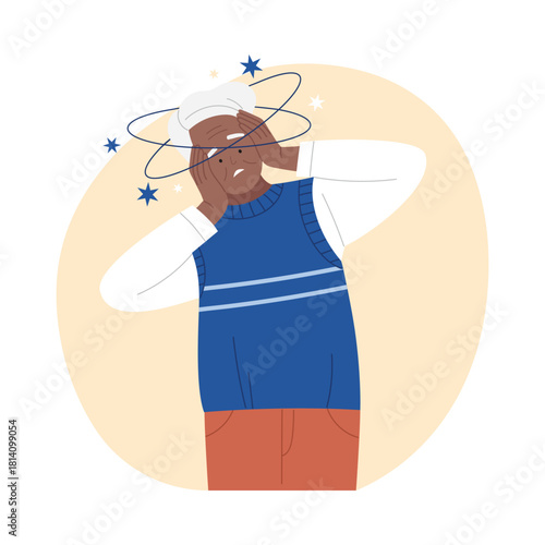 Senior person holding head with spinning stars showing vertigo symptoms on isolated background vector illustration
