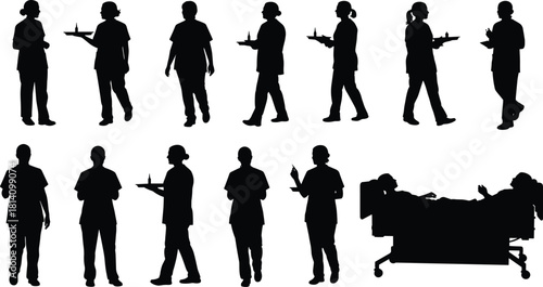 Female Nurse and Healthcare Worker Silhouettes Set, Caring for Patient, Administering Medicine, and Walking in Hospital Uniform Vector
