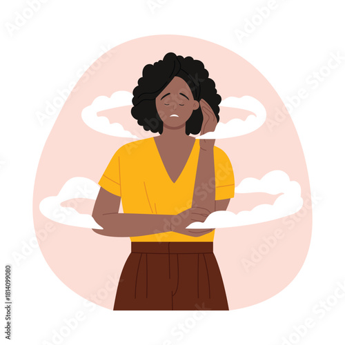 Isolated woman feeling dizzy with vertigo symptoms surrounded by swirling clouds vector illustration