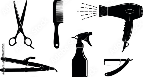 Hairdresser tools scissors comb spray bottle hair dryer straightener razor silhouette vector design
