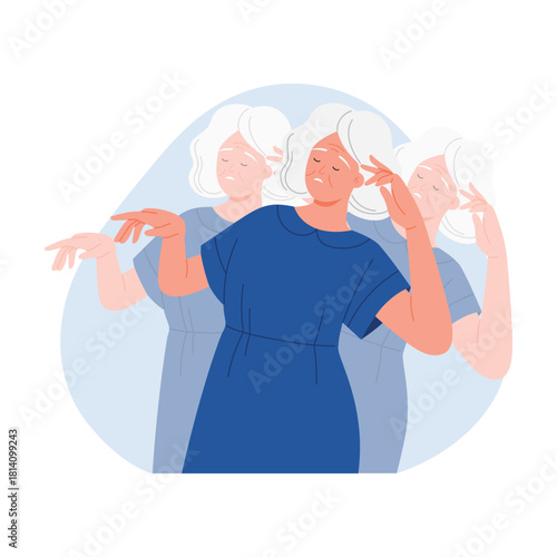 Senior woman with dizziness and balance issues shown in an isolated medical health vector illustration