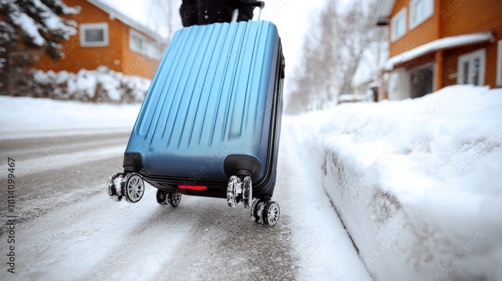 Naklejka premium Sleek blue suitcase with four wheels is being pulled along a snow-covered street, surrounded by residential houses, showcasing winter travel and adventure in a picturesque setting