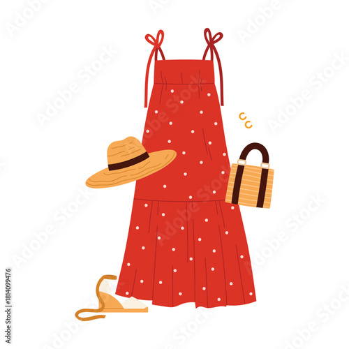 Isolated red polka dot dress with hat, sandals, bag, and earrings for summer fashion vector illustration