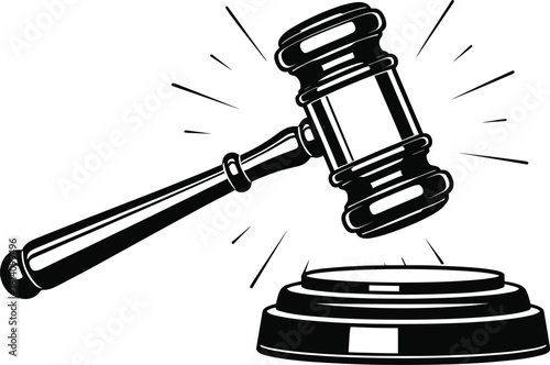 Judge's Gavel Hitting Sound Block Black and White Illustration, Law, Justice, Auction, Authority, and Judgement Symbol Vector