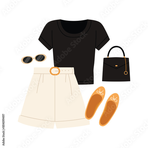 Trendy women summer outfit set with black top, shorts, accessories, and shoes on isolated background vector illustration