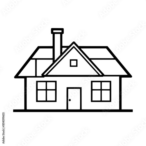 A stylized geometric house design outlined in bold black lines with solid white interior shapes featuring a prominent chimney and a perfectly symmetrical façade created in a contemporary vector-graphi