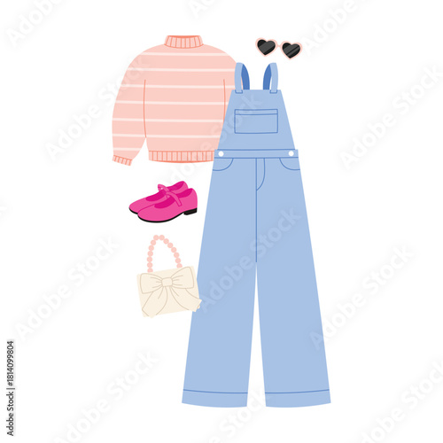 Isolated women outfit set featuring striped sweater, blue overalls, pink shoes, bag, and sunglasses vector illustration