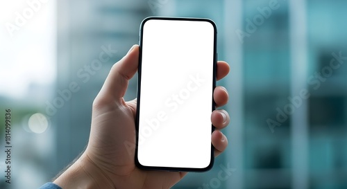 Imagen de una mano sosteniendo un teléfono móvil con pantalla blanca en el fondo natural bokeh