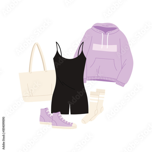 Modern women casual clothing set with dress, hoodie, sneakers, tote, and socks isolated vector illustration