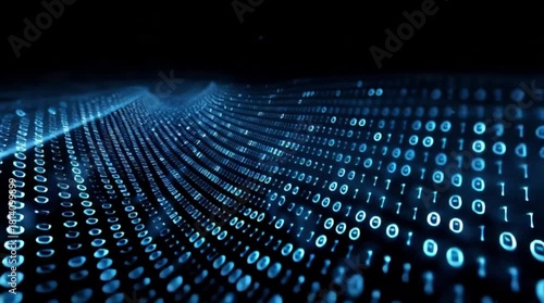 Dynamic digital stream of binary code flowing across a dark surface, representing data transfer, cybersecurity, and advanced technology solutions
