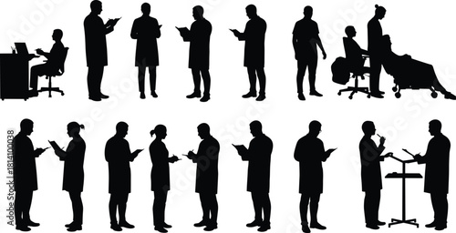 Medical Staff Doctor Nurse Health Care Silhouette Collection, Hospital, Clinic, Consultation, Patient Care, Science, Medicine, Occupation, Black Vector Illustration Set