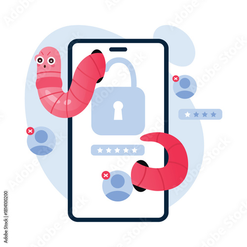 Isolated smartphone with worms attacking digital security and user accounts, symbolizing malware threat vector illustration