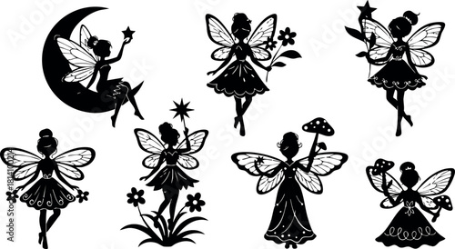 Silhouette fairy vector set with wings stars flowers and moon black illustrations magical fantasy design elements