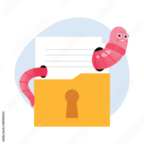Cartoon worms invading isolated locked folder symbolizing malware or data breach vector illustration
