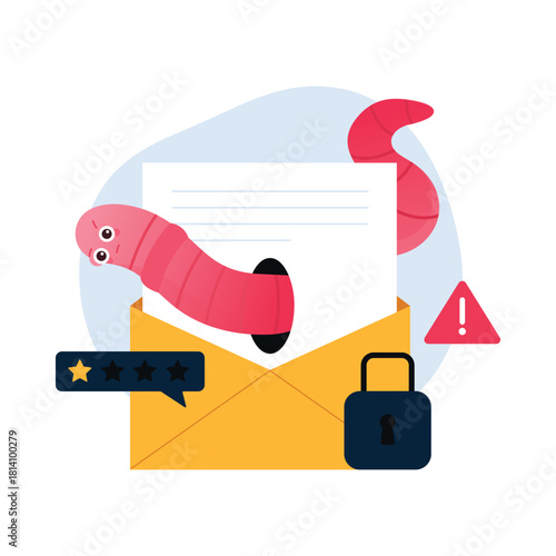 Cartoon worm emerging from envelope symbolizes email virus attack and security risk isolated vector illustration