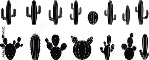 Mexican Desert Succulent Cactus Silhouette Icons Set, Featuring Prickly Pear, Saguaro, and Barrel Shapes, Representing Western Flora, Nature, and Botanical Vector