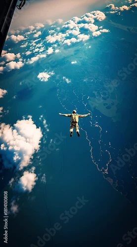 Breathtaking aerial view of a person skydiving from a high altitude, enjoying the freedom of flight above the planet and clouds