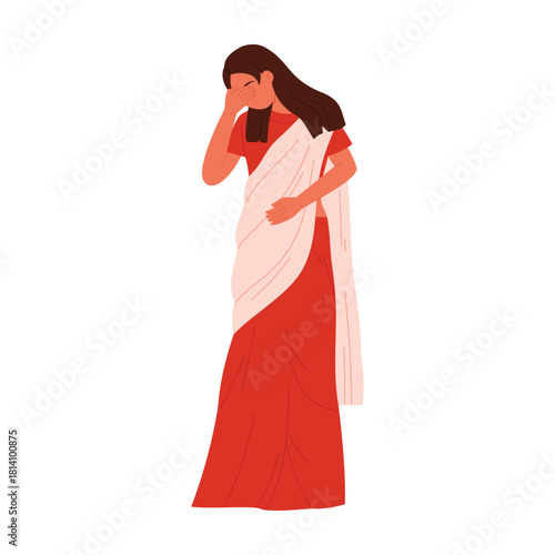 Isolated sad Indian woman in red saree holding head and stomach, emotional concept vector illustration