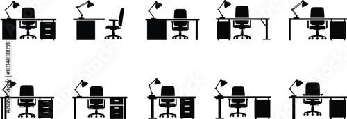 Minimalist Office Desk and Chair Vector Silhouette Set; Furniture Icons with Table Lamp and Drawer Cabinet for Workplace, Business, and Workspace Design