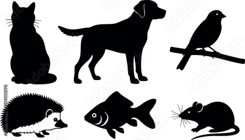 Animal silhouettes vector set with cat dog bird hedgehog fish and mouse simple black shapes