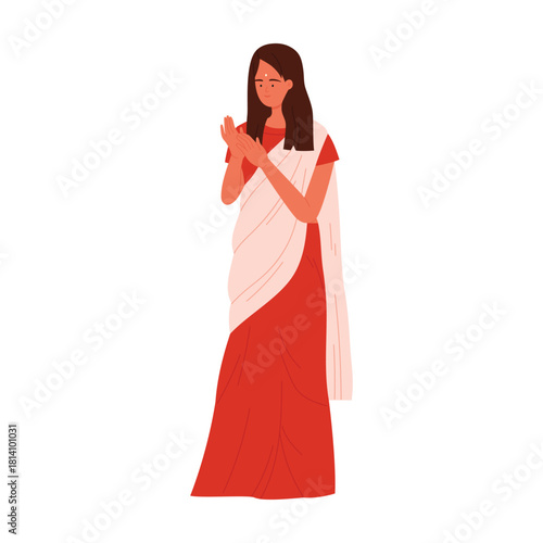 Elegant Indian woman in red sari standing isolated on white background vector illustration