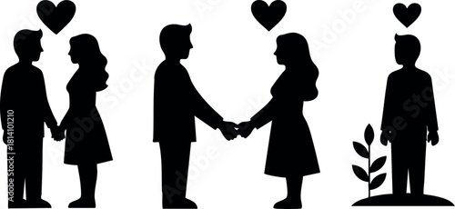 Silhouettes of couples holding hands with hearts above and a lonely person with heart floating above vector illustration