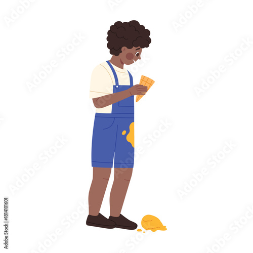 Unhappy kid in blue overalls drops ice cream on white background isolated vector illustration