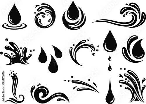 Set of graphic water drops, splashes, and wave elements vectors