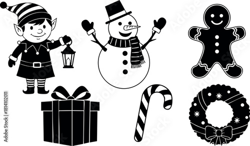 Christmas holiday icons elf snowman gingerbread gift candy cane wreath black silhouette vector