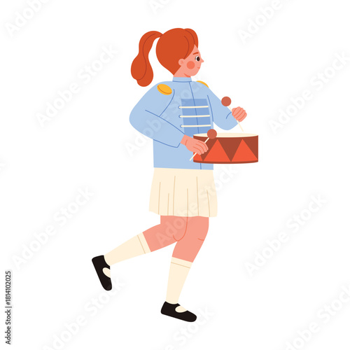 Young girl in parade costume playing drum, isolated on white background vector illustration