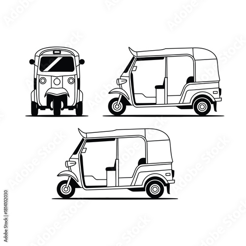 Three views of a hand drawn tuk tuk auto rickshaw illustration