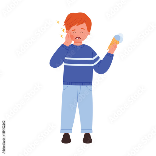 Sad kid with tooth pain holding ice cream isolated on white background vector illustration