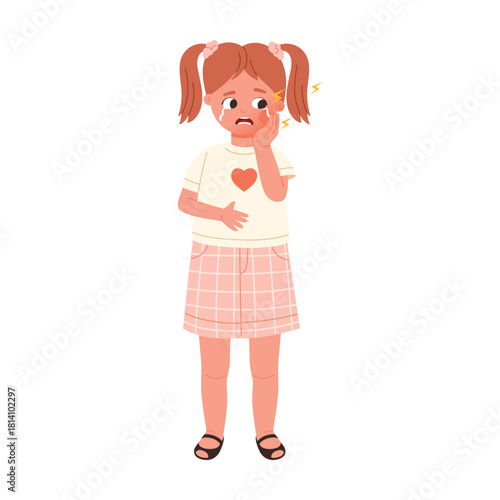 Crying young girl with tooth pain holding cheek isolated on white background vector illustration
