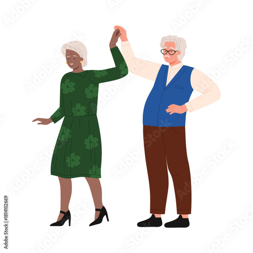 Smiling pensioners enjoying a dance, celebrating active senior lifestyle, isolated on white vector illustration
