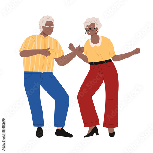 Smiling senior man and woman dancing together on white background isolated vector illustration