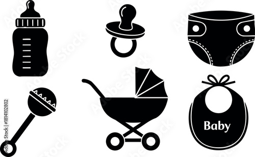 Baby feeding bottle pacifier diaper bib stroller rattle black icons set vector illustration