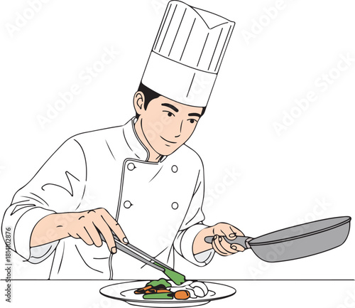 Cartoon Chef Plating Food with Tongs in Commercial Kitchen Preparing Meal