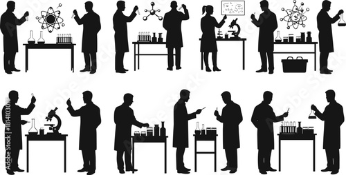 Scientists and Researchers Working in Laboratory Silhouettes Set, Experimenting with Chemistry, Biology, and Physics Scientific Equipment Vector