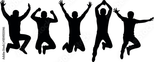 Silhouettes of five people jumping in celebration energetic happy vector illustration