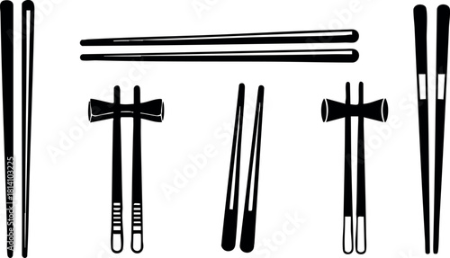 Black simple chopsticks set different styles asian eating utensils vector illustration
