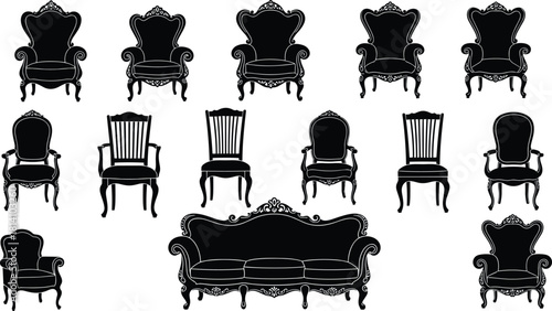 Elaborate vintage furniture silhouettes vector collection, featuring highly detailed antique armchairs, dining chairs, and a luxurious three-seater sofa, 