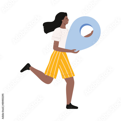 Young woman holding large map marker icon while running on white isolated background vector illustration