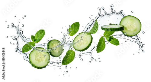 Refreshing splash of water with cucumber slices and mint leaves for summer beverages