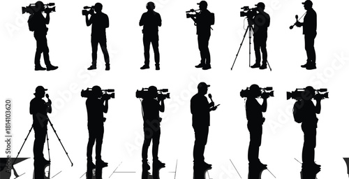Set of Cameraman and Reporter Silhouettes, Vector Illustration of Male News Professionals Operating Video Cameras and Microphones, Representing Journalism and Media
