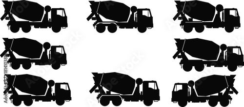Set of construction cement mixer truck silhouettes, heavy ready-mix concrete vehicles, industrial machinery for transportation, and building industry vector illustration.
