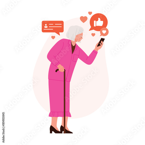 Elderly woman in pink suit using smartphone for social chatting, isolated on white vector illustration