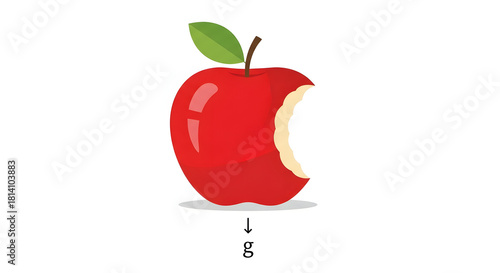 Red apple with bite taken out and green leaf on white background  