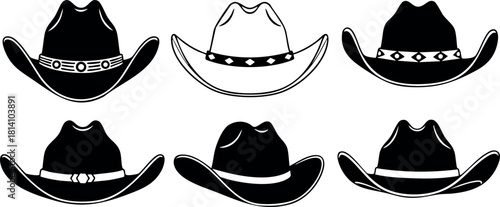 Six cowboy hats vector illustration black and white western style headwear collection