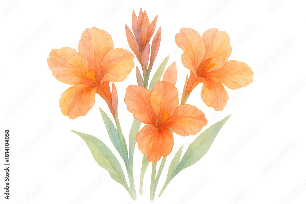 Fototapeta premium Watercolor canna lily flowers illustration with green leaves, depicting tropical botany, blooming plant, transparent background